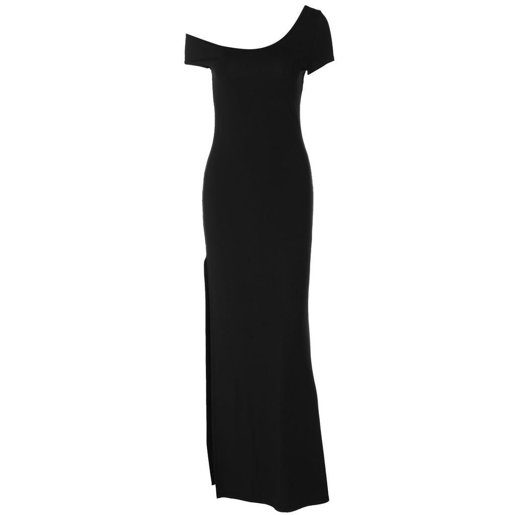 Sexy Low-Cut Solid Color Off-Shoulder Short Sleeve Fitted Slimming Split Dress