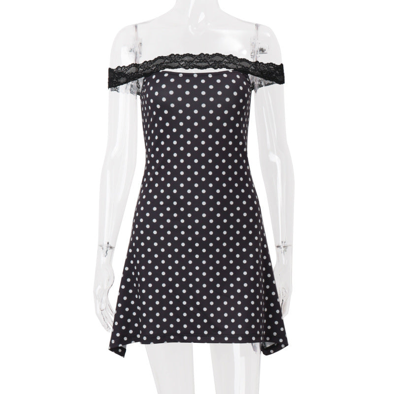 Sexy One-Shoulder Lace Hem Polka Dot Print Fitted Bodycon Dress for Women