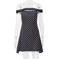 Sexy One-Shoulder Lace Hem Polka Dot Print Fitted Bodycon Dress for Women
