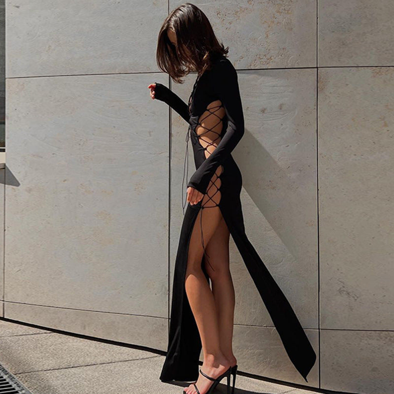 Strap hollow out high slit slim fitting temperament elegant high-end long sleeved long skirt