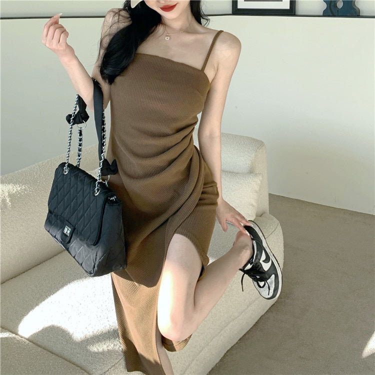 Chiffon Sleeveless Dress with Split Design, Mid-Length, Vintage Hollywood Glamour Look, Casual Summer Wear for Women