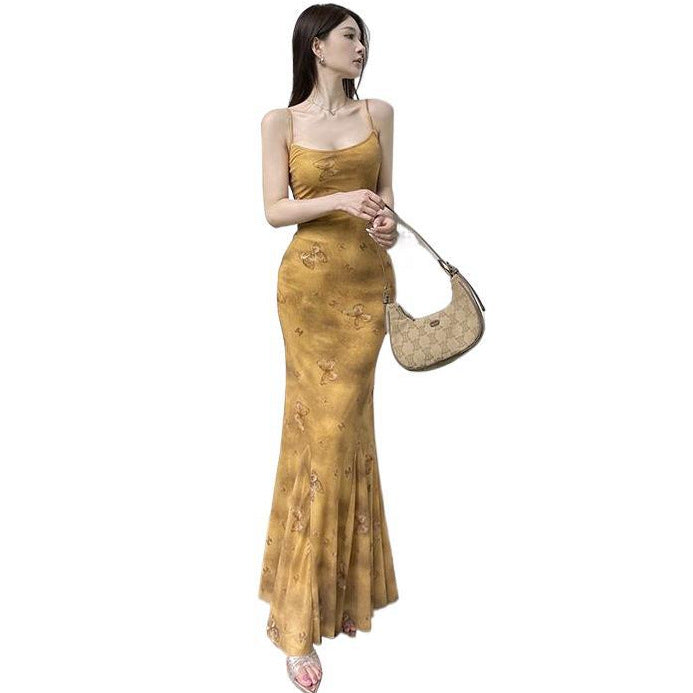 Butterfly Print Strapless Dress New Vintage Elegant Vacation Style