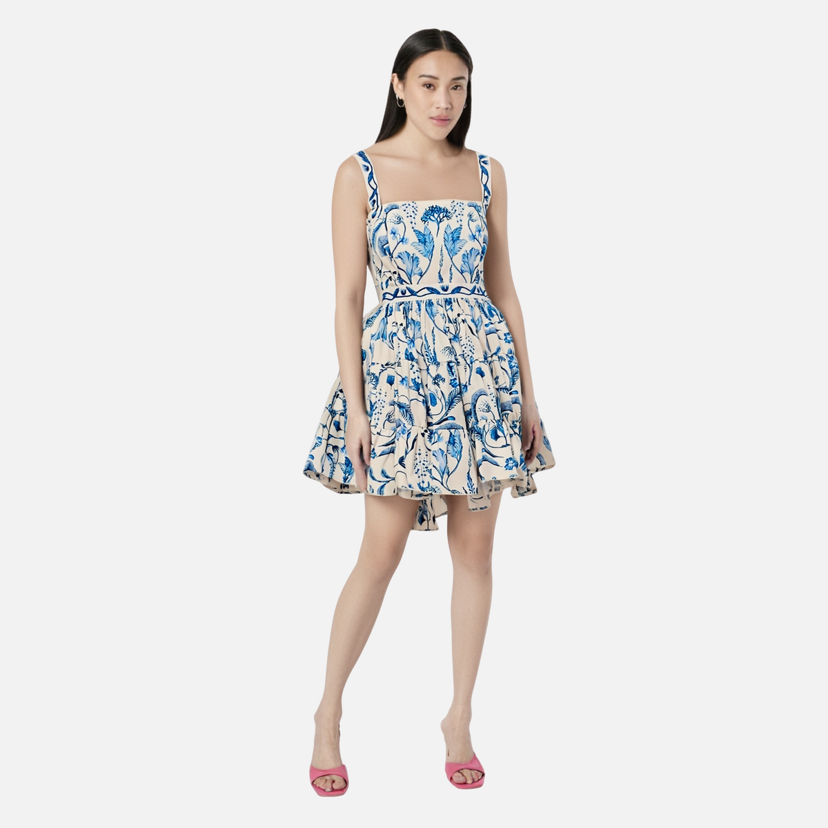 Strapless camisole retro blue print waist cinching short skirt dress for women
