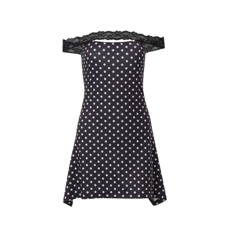 Sexy One-Shoulder Lace Hem Polka Dot Print Fitted Bodycon Dress for Women