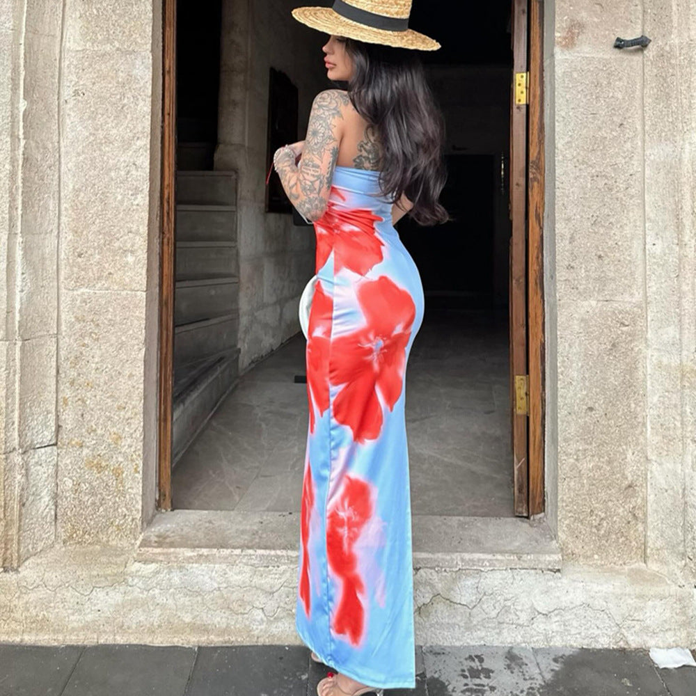 Strapless printed bag hip slit dress