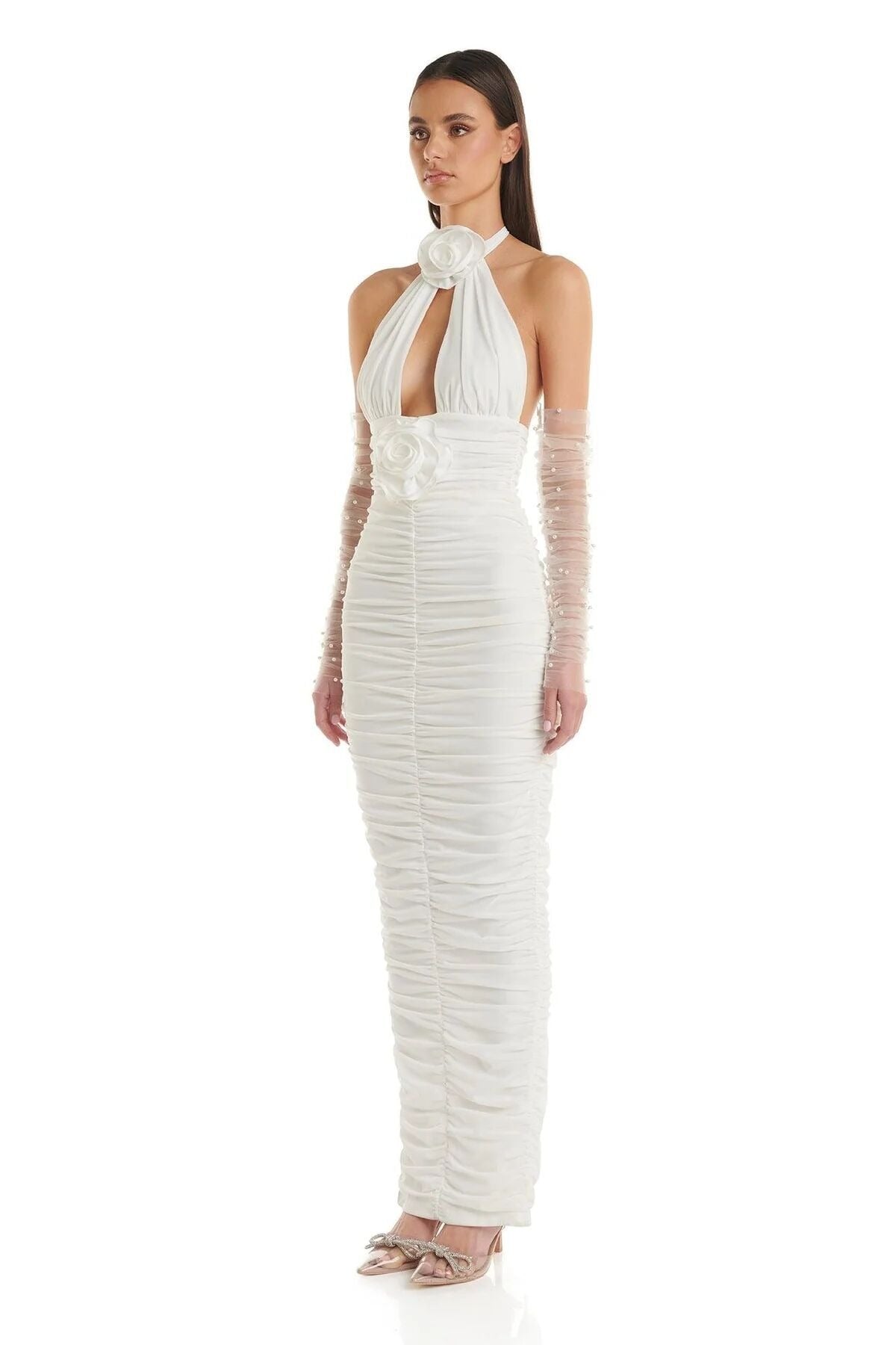 Fashionable white neck hanging, backless, tight fitting flower decoration, long bandage wrapped hip dress