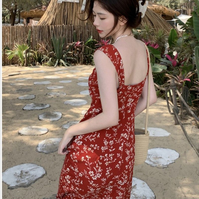 French Style Red Floral Strap Dress for WomenNew Arrival, Casual Long Dress