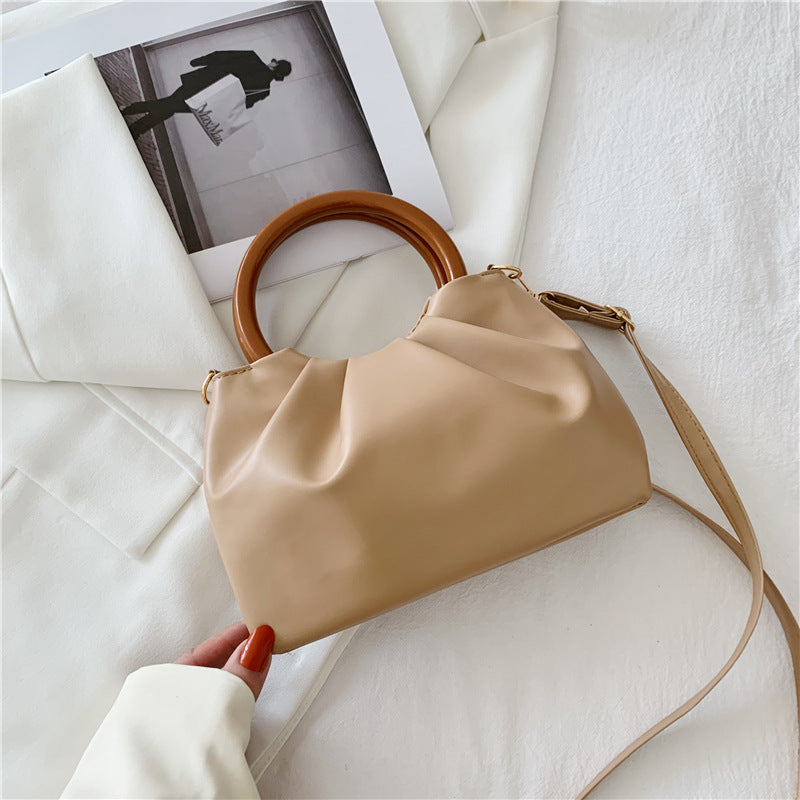 Cloud Bag Messenger Fashion Pleated Small Bag Simple Wooden Handle Handbag  One-Shoulder French Style Small Bag