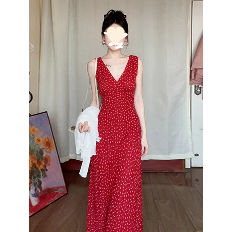 Chic Red V-Neck Floral Sleeveless Dress for Women Elegant Long Dress