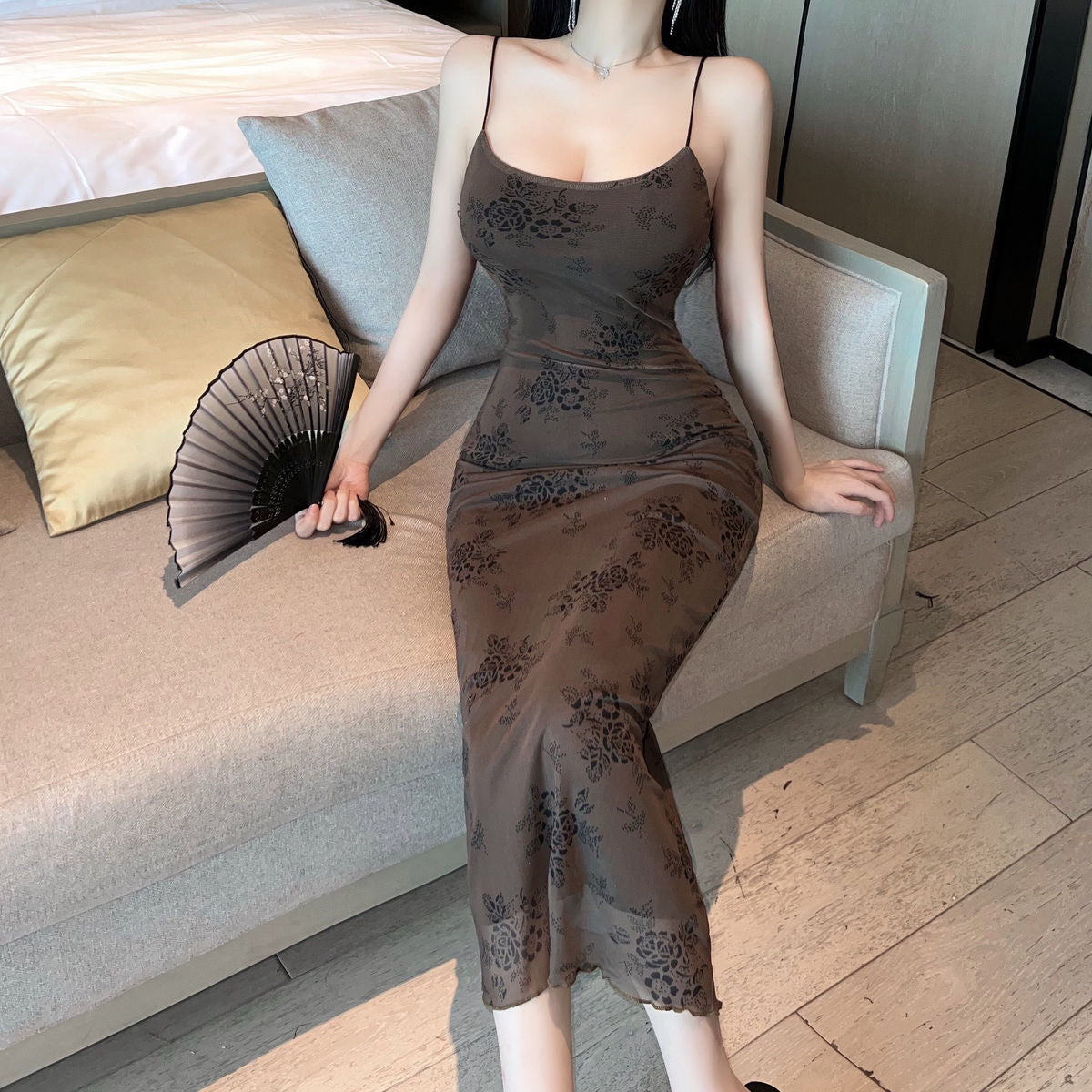 Elegant Mesh Printed Sleeveless Strap Dress