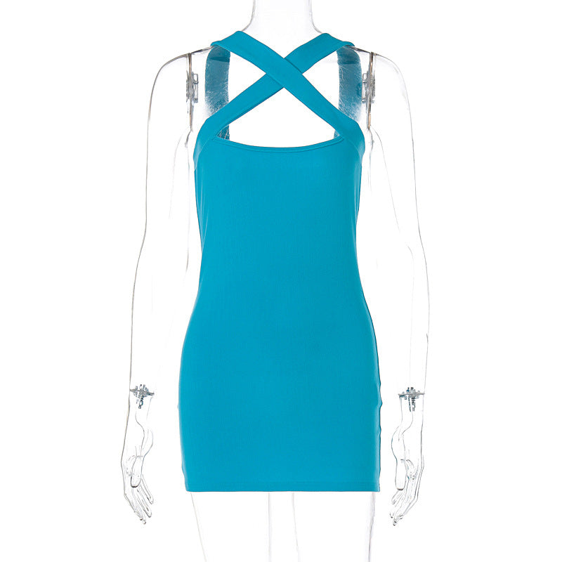 Hip hugging backless cross V-neck suspender women's dress