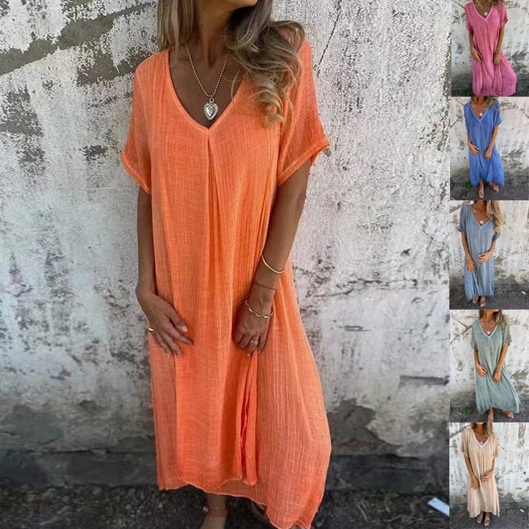 Fashionable cotton and linen V-neck semi formal dress