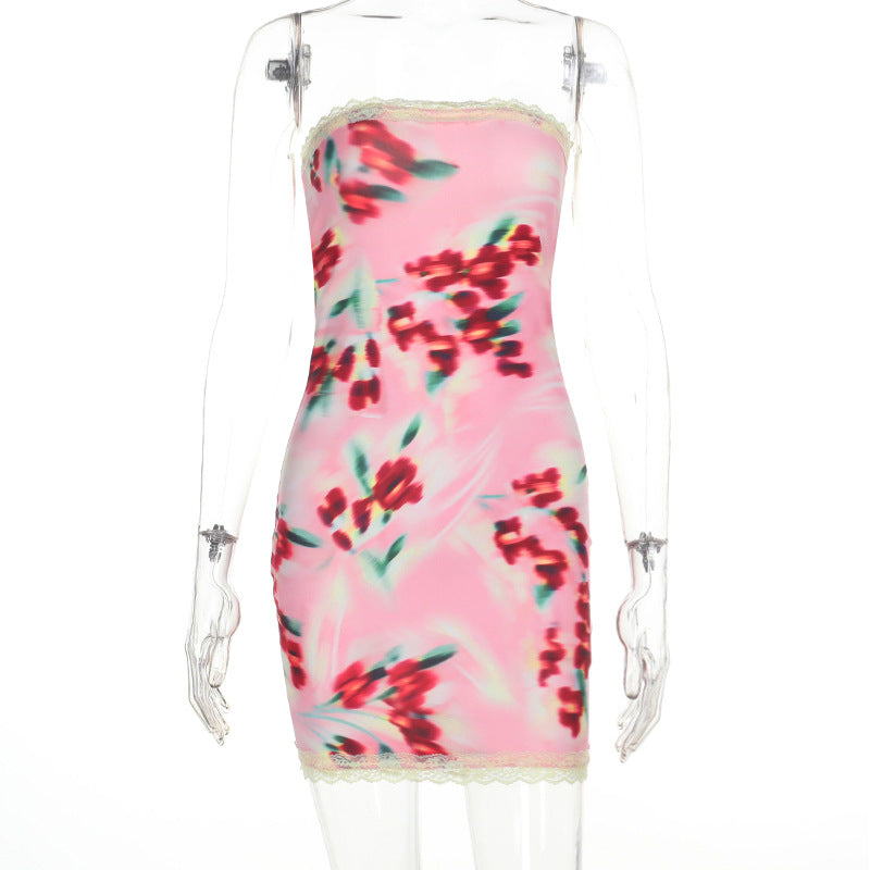 Strapless Lace Splicing Printed Bodycon Dress Women