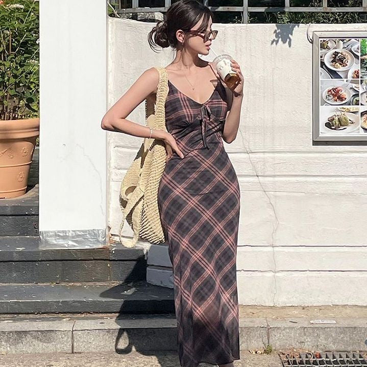 Retro V-neck Diamond Grid Mesh Strapless Dress Women Summer Beach Vacation Temperament Waist-tightening Bodycon Long Dress