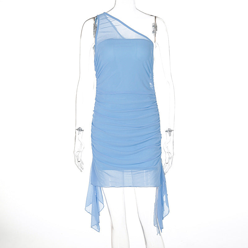 Slanted shoulder mesh wrapped buttocks sexy slim fit sleeveless dress