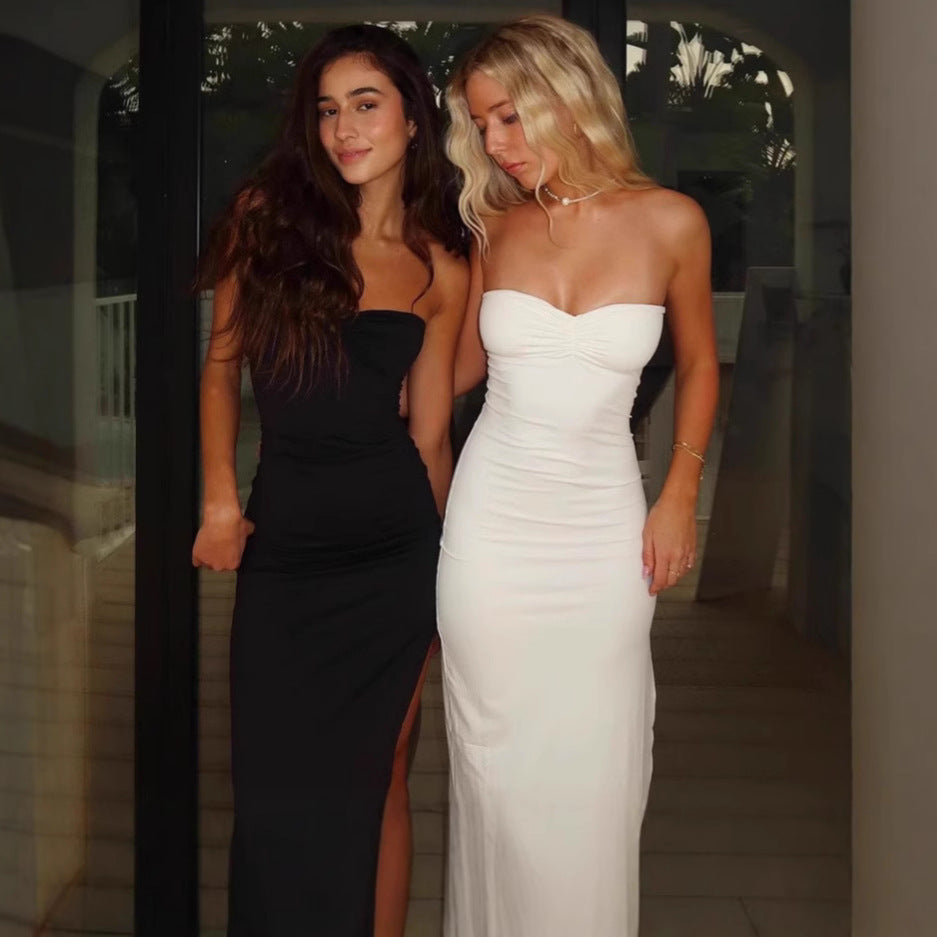 Summer sexy hot girl wrapped chest slim fit side slit long solid color dress