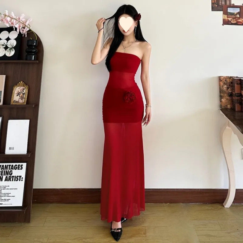 Red Strapless Sexy Dress  Style Elegant  Chic A-Line Long Dress for Women