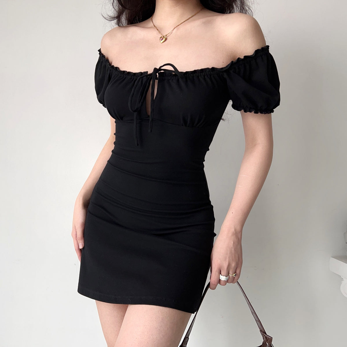 Retro Chest Hollow-out Tied Bubble Sleeve Black Dress Women's Square Neck Ruffle Waist-tightening Short Skirt