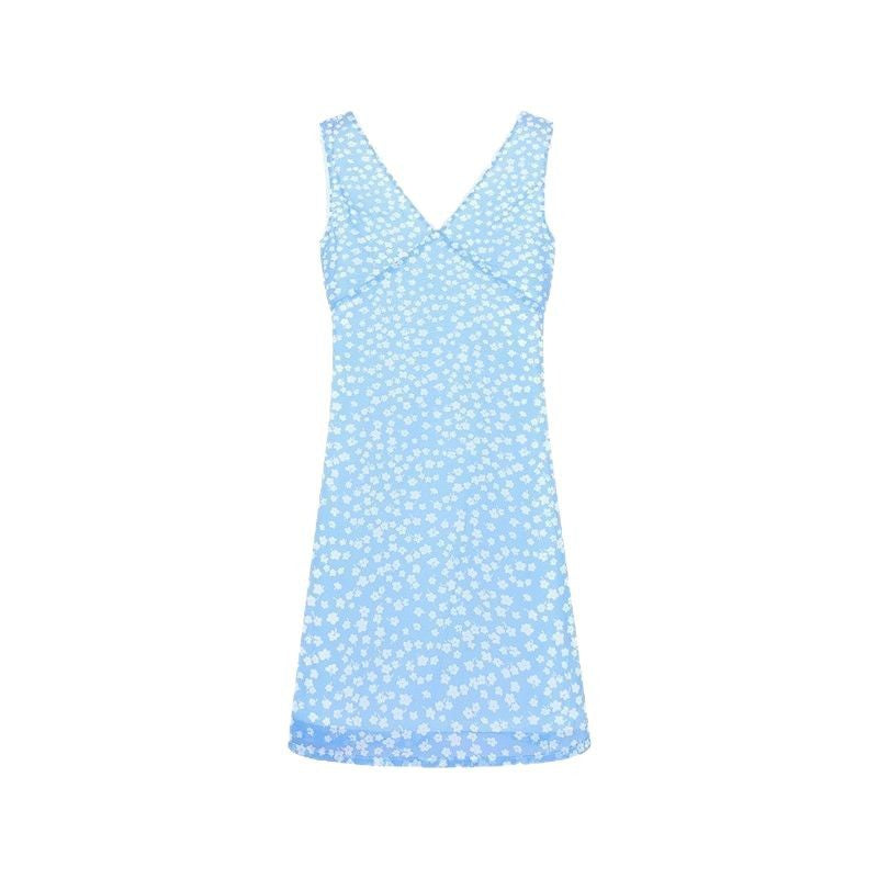 Style Blue Fresh Floral V-neck Backless Dress for Women Slim Fit Vacation A-line Sleeveless Dress