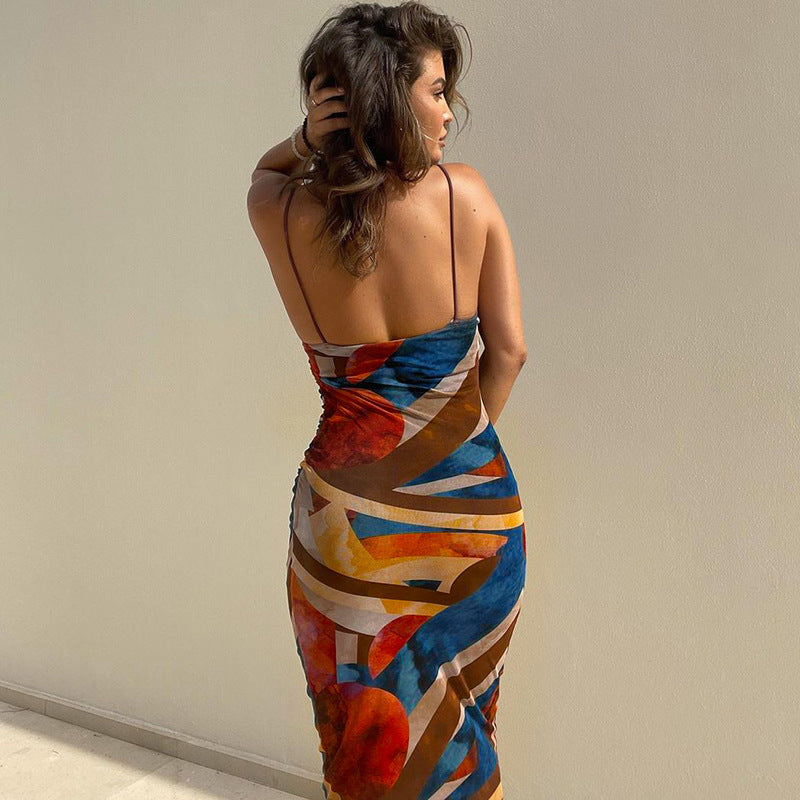 Women Fashion Summer Autumn Sleeveless Printed Bodycon Long Pencil Strap Dress Fall Clothes Streetwear