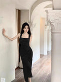 Elegant Satin Solid Color Square Neck Pleated Strap Dress for Women