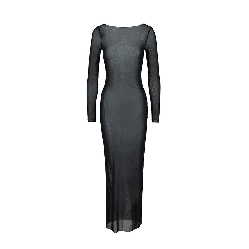 Sexy women's spicy girl slim fit mesh see through one shoulder long sleeved dress