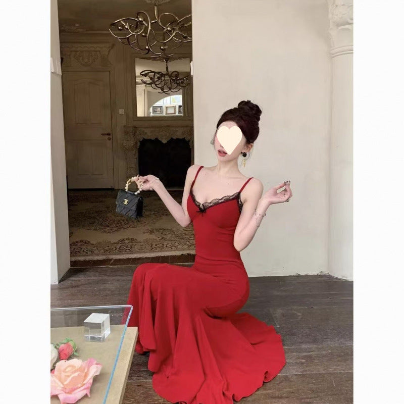 V-Neck Lace Strap Dress Elegant Women's Formal Fish Tail Long Dress
