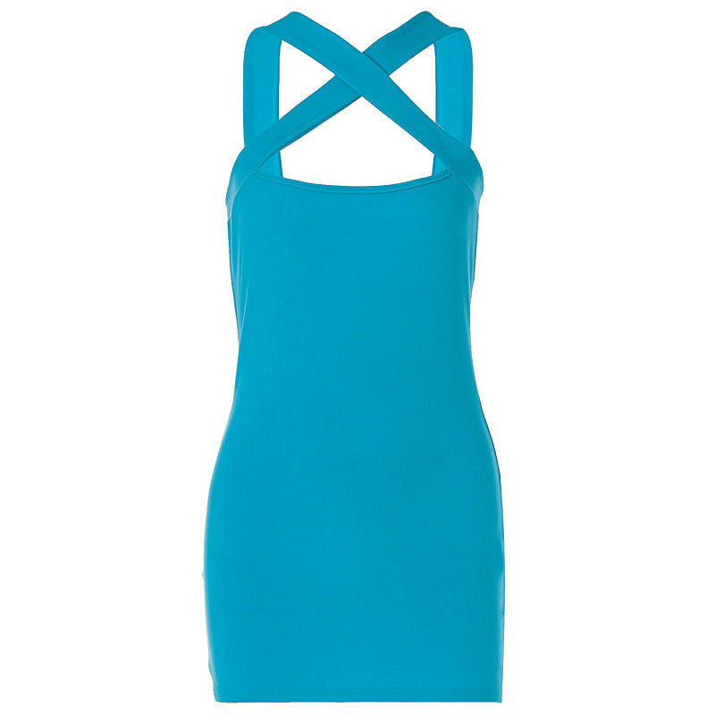 Hip hugging backless cross V-neck suspender women's dress