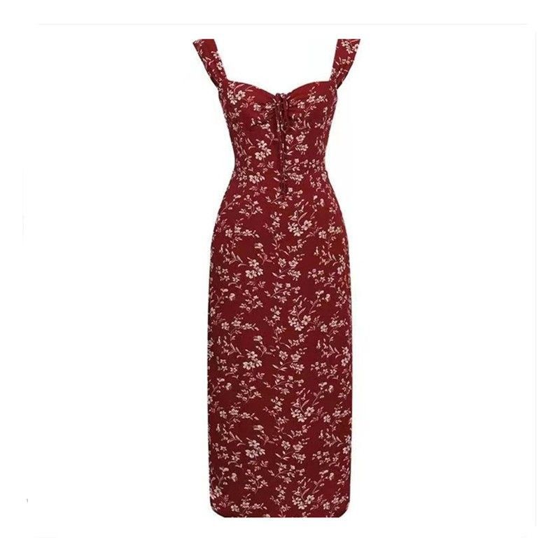 French Style Red Floral Strap Dress for WomenNew Arrival, Casual Long Dress